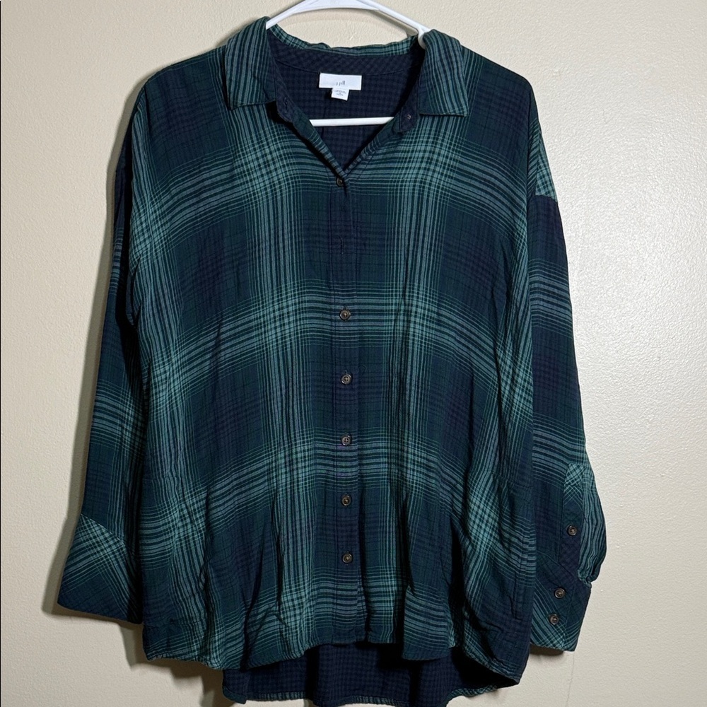 J. Jill Blue Green Plaid Button Tunic Top Shirt Soft Cozy Lined Pockets PM